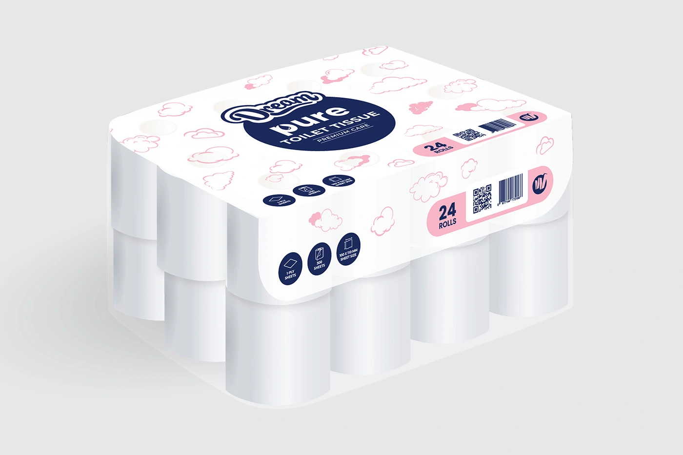 1 Ply Toilet Paper - 300 Sheets - 24 Rolls - Pure