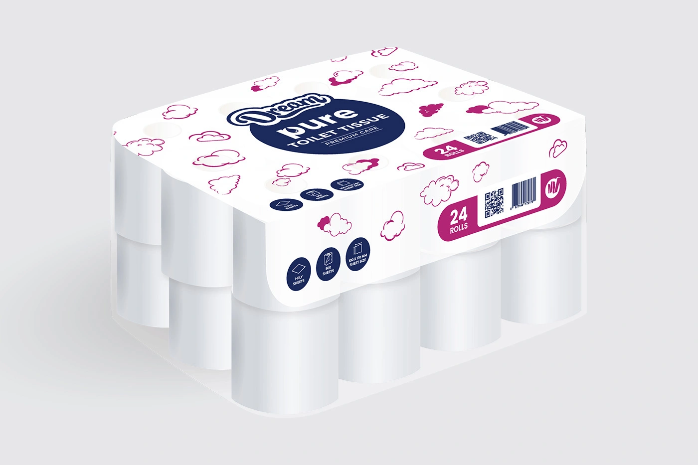 1 Ply Toilet Paper - 500 Sheets - 24 Rolls - Pure